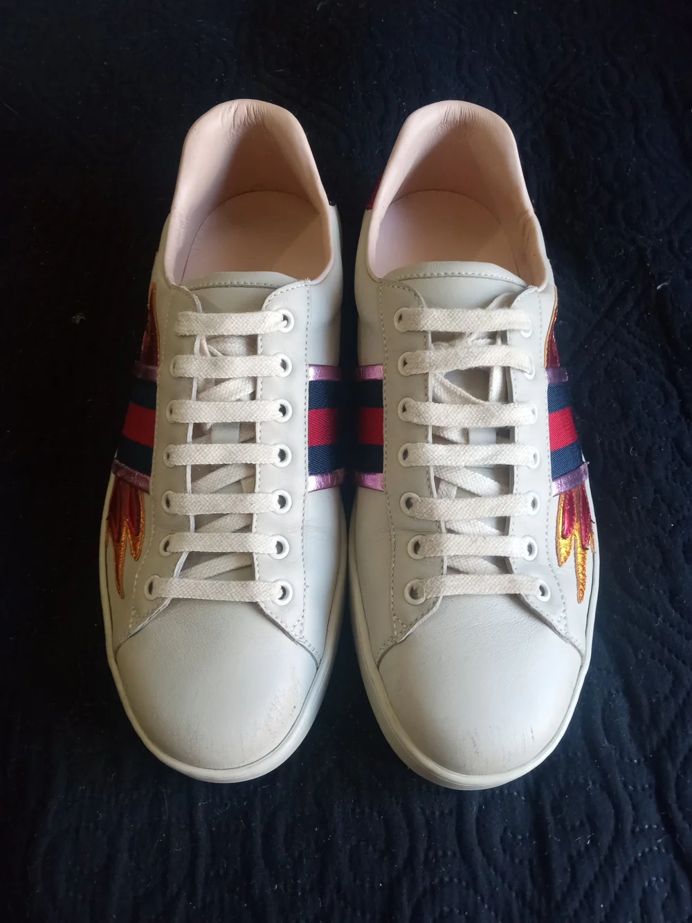 Gucci Leather Flame Accent Sneaker with Red and Gold Details Mens UK 9 US 10